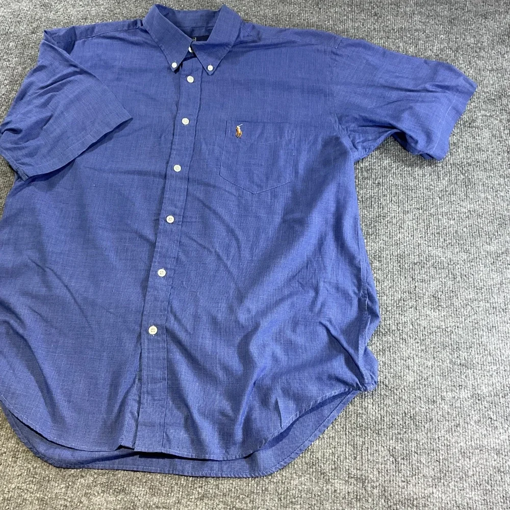 Polo Ralph Lauren Mens XL Blue Micro Check Short Sleeve Button Down Cotto oxford